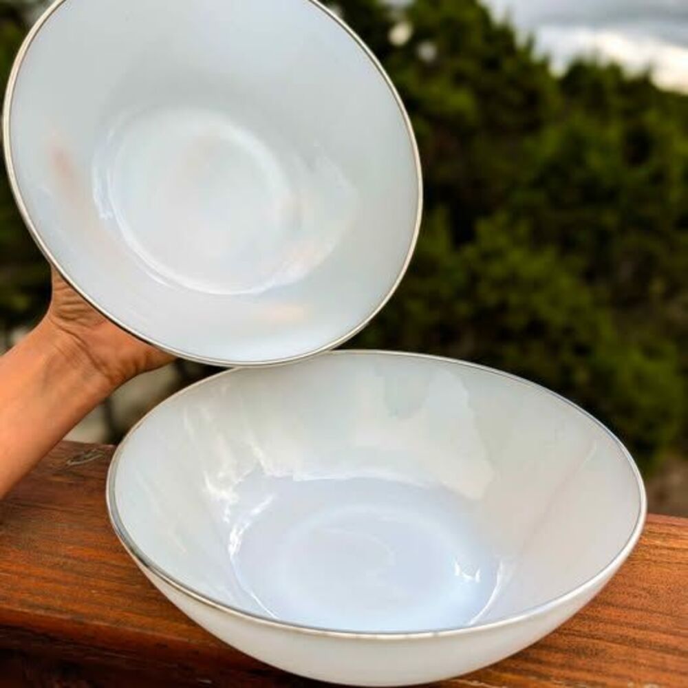 2 Anchor Hocking Dinnerware Serving Bowl Silver Rim Vintage Table Ware